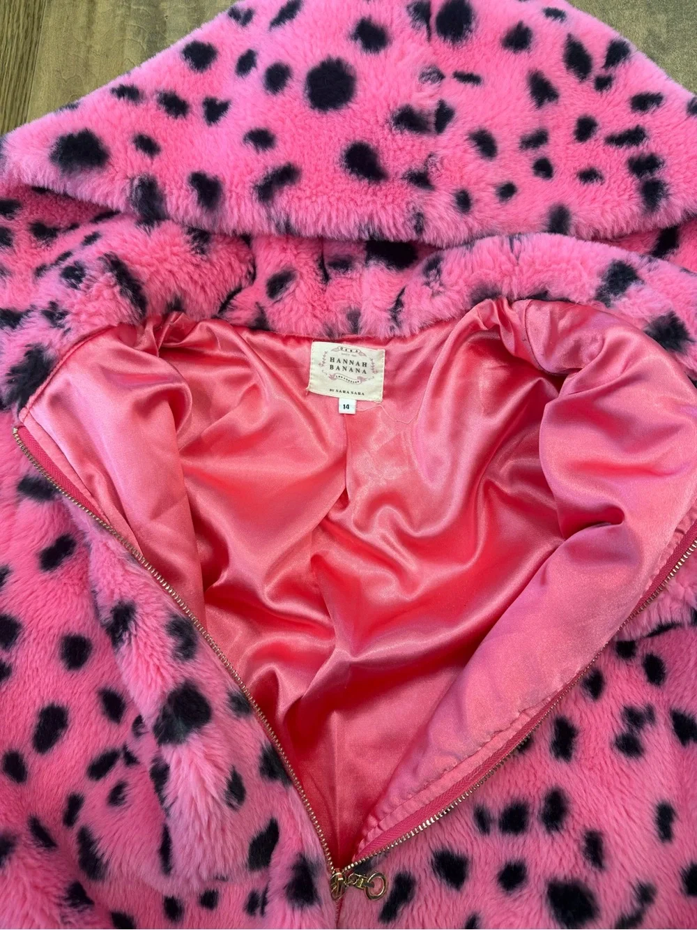 Hannah Banana Pink Faux Fur Hooded Jacket with Black Leopard Spots size 14